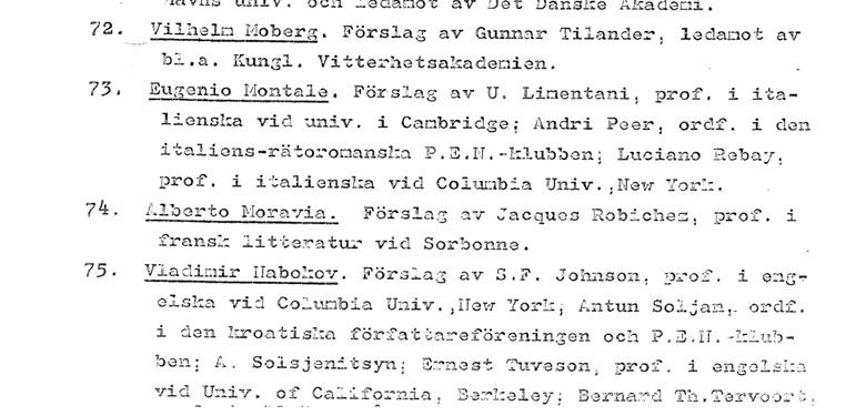 Набоков был в числе претендентов на Нобелевскую премию в 1973 году